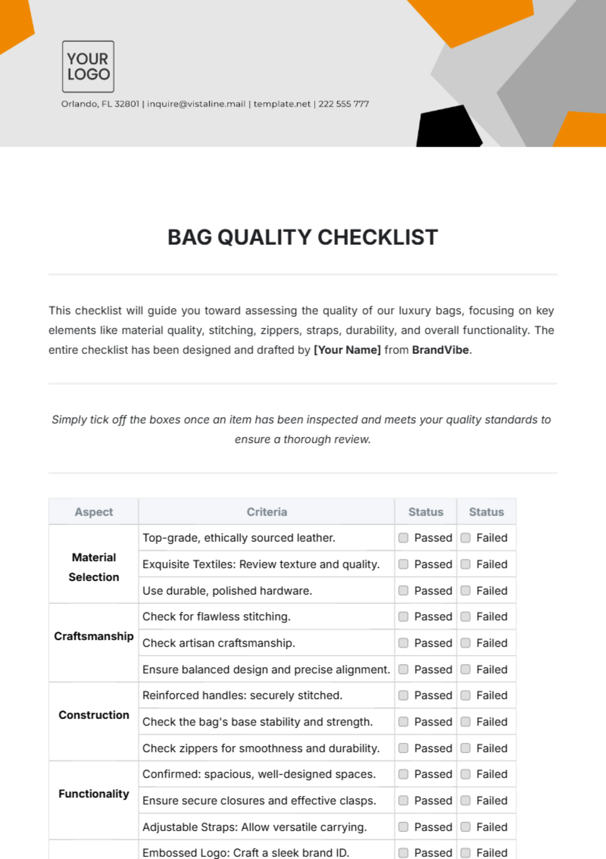 Bag Quality Checklist Template - Edit Online & Download