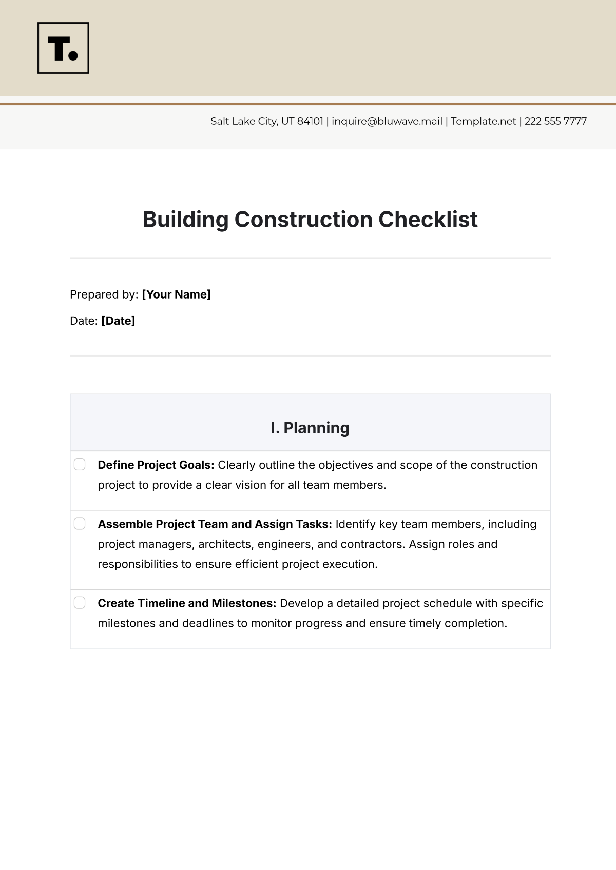 Building Construction Checklist Template