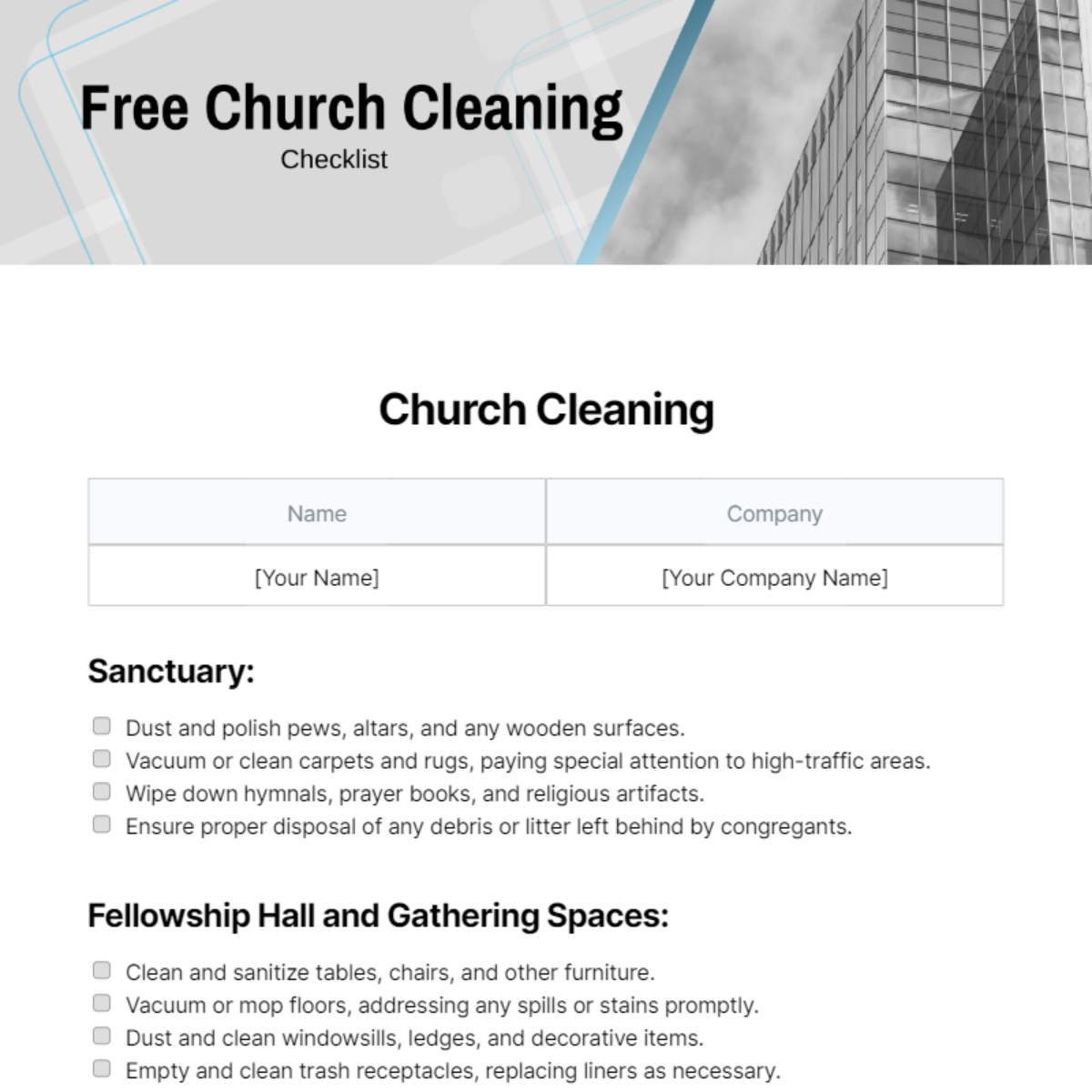 Free Church Cleaning Checklist Template 