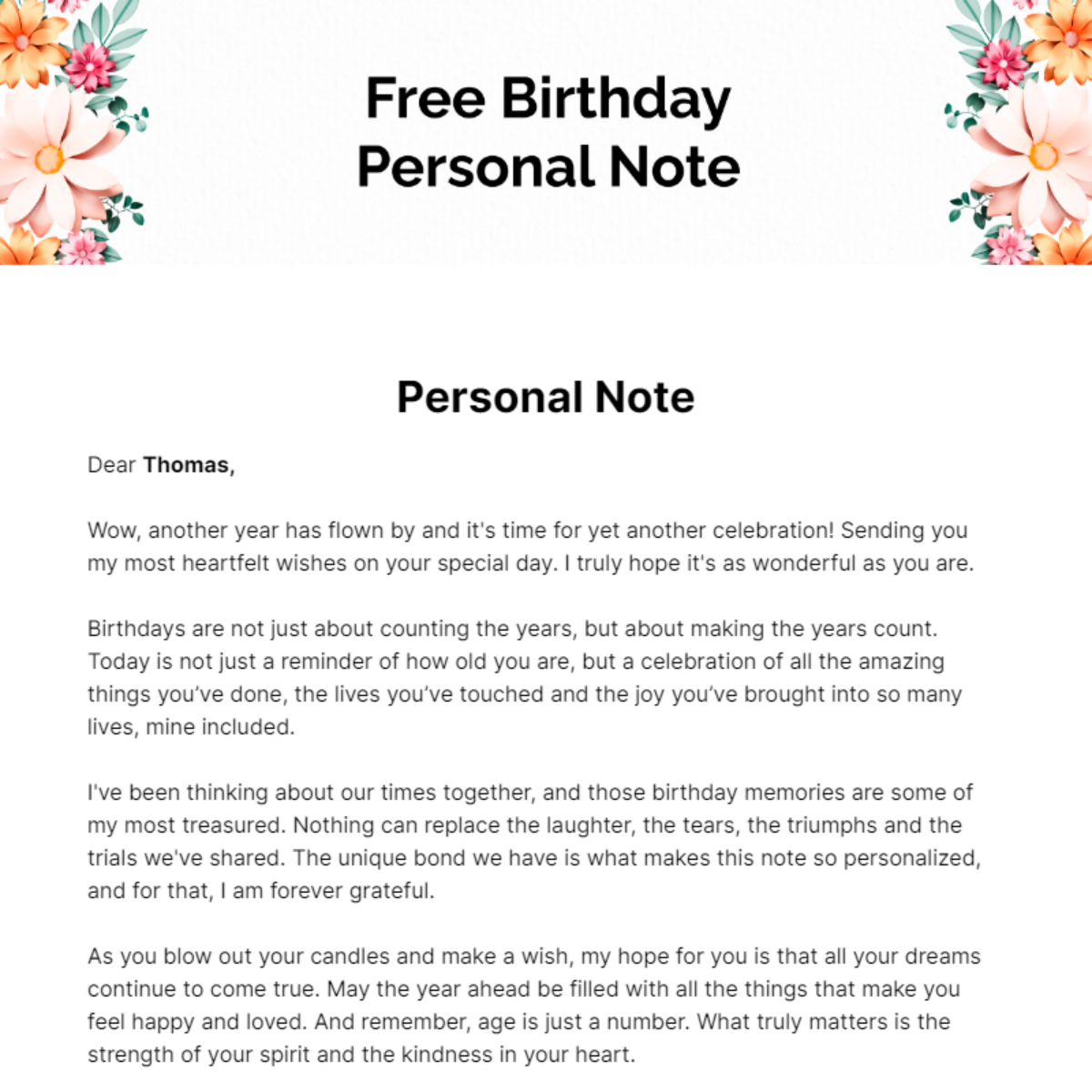 Free Birthday Personal Note Template
