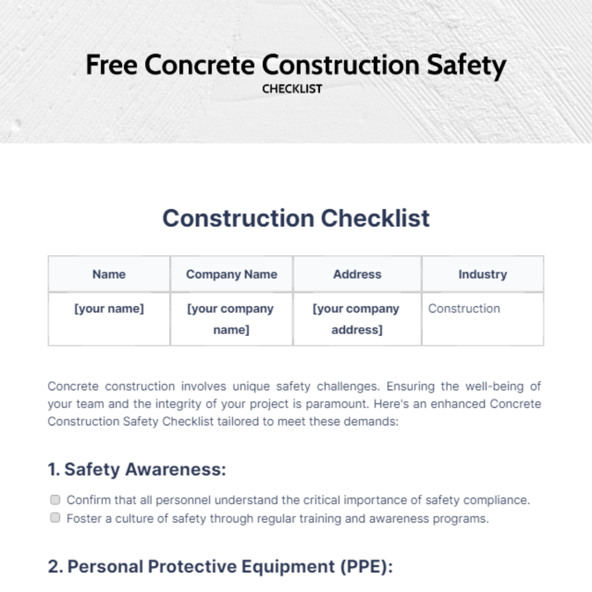 Concrete Construction Safety Checklist Template