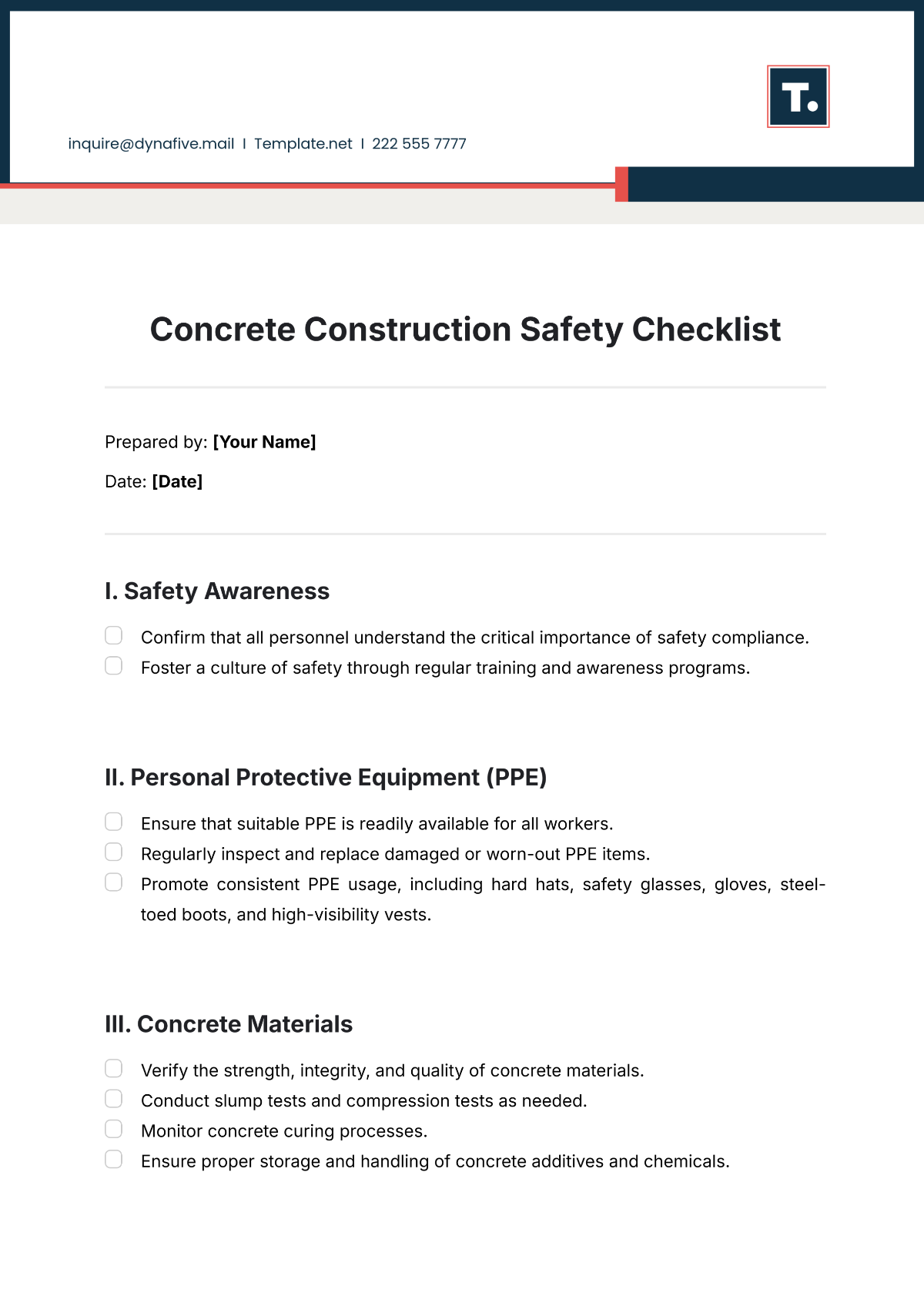 Concrete Construction Safety Checklist Template - Edit Online & Download