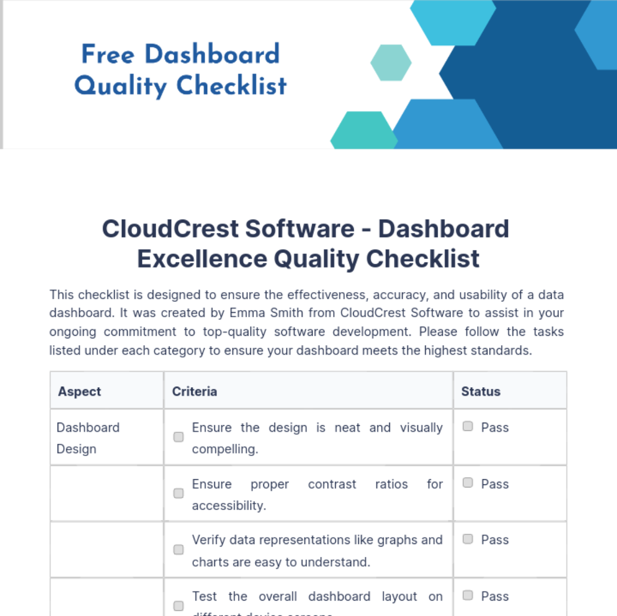 Dashboard Quality Checklist Template