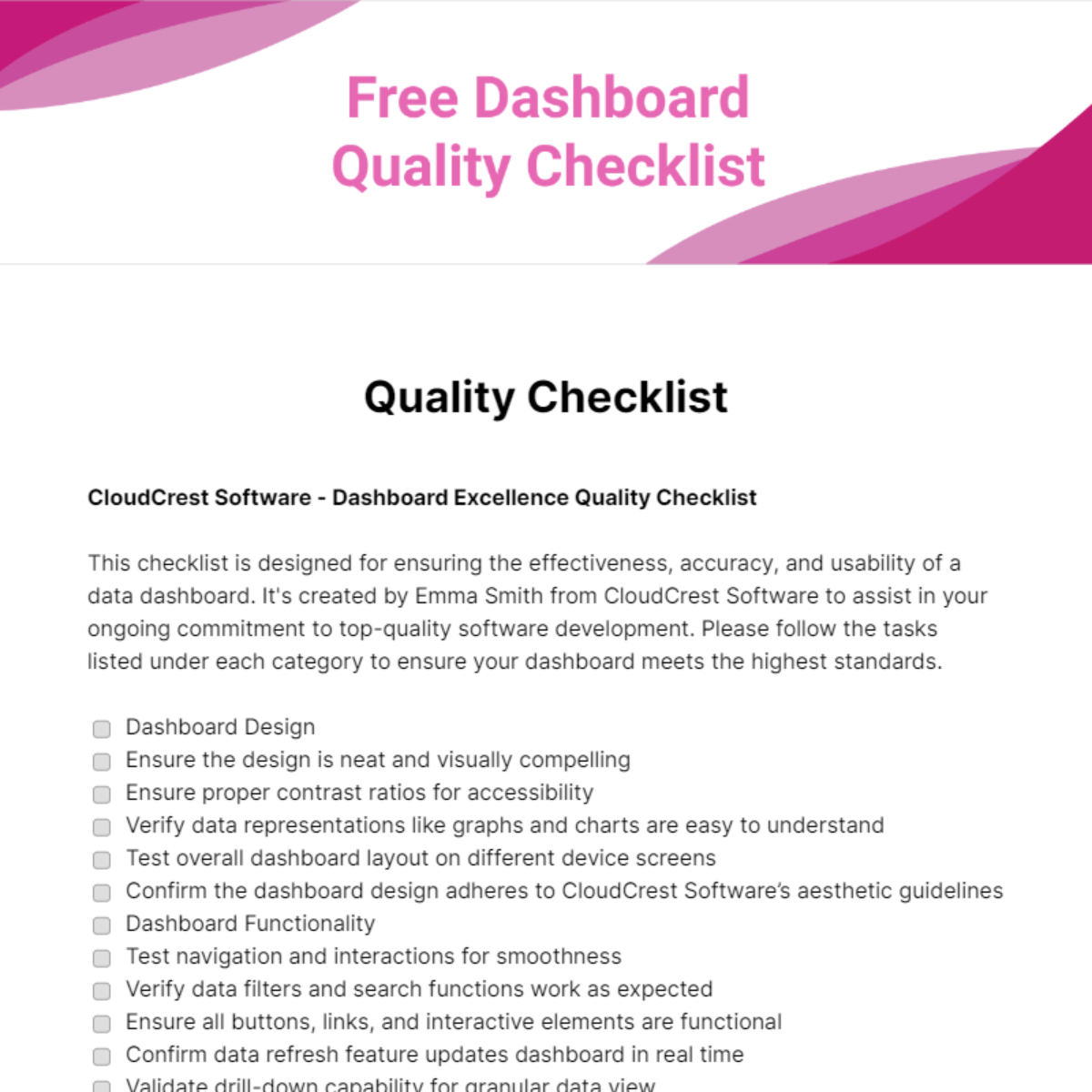 Free Dashboard Quality Checklist - Edit Online & Download | Template.net