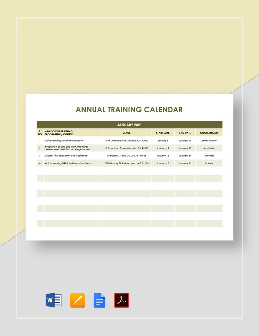 Annual Training Calendar Template