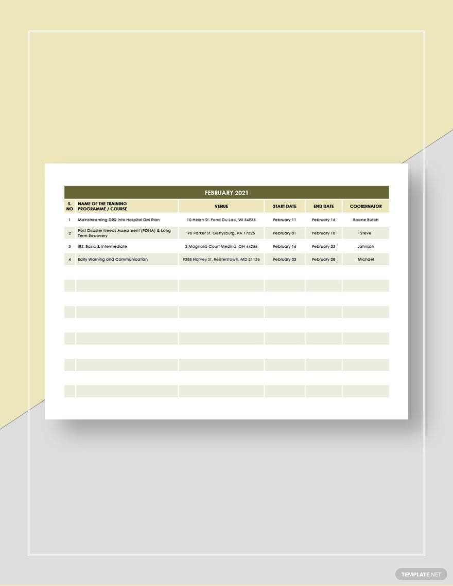 Annual Training Calendar Template