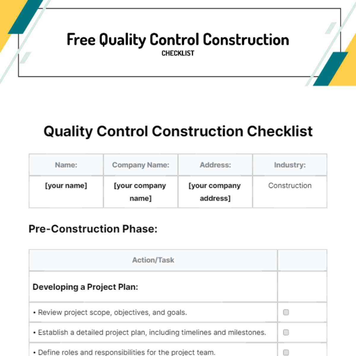 Quality Control Construction Checklist Template