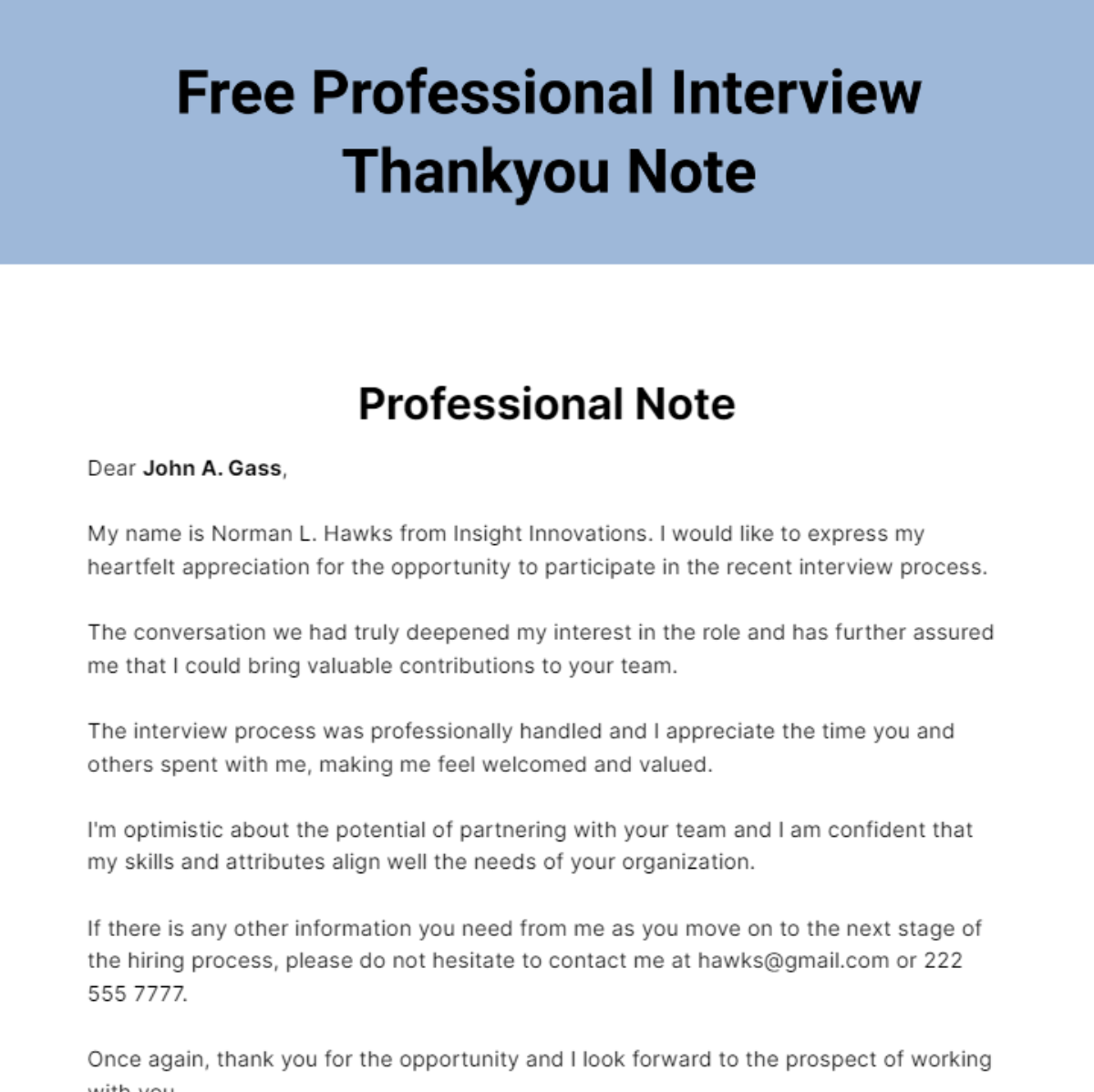 Professional Interview Thankyou Note Template