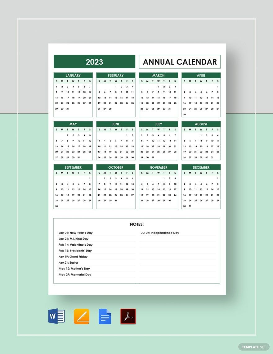 Editable Annual Calendar Template