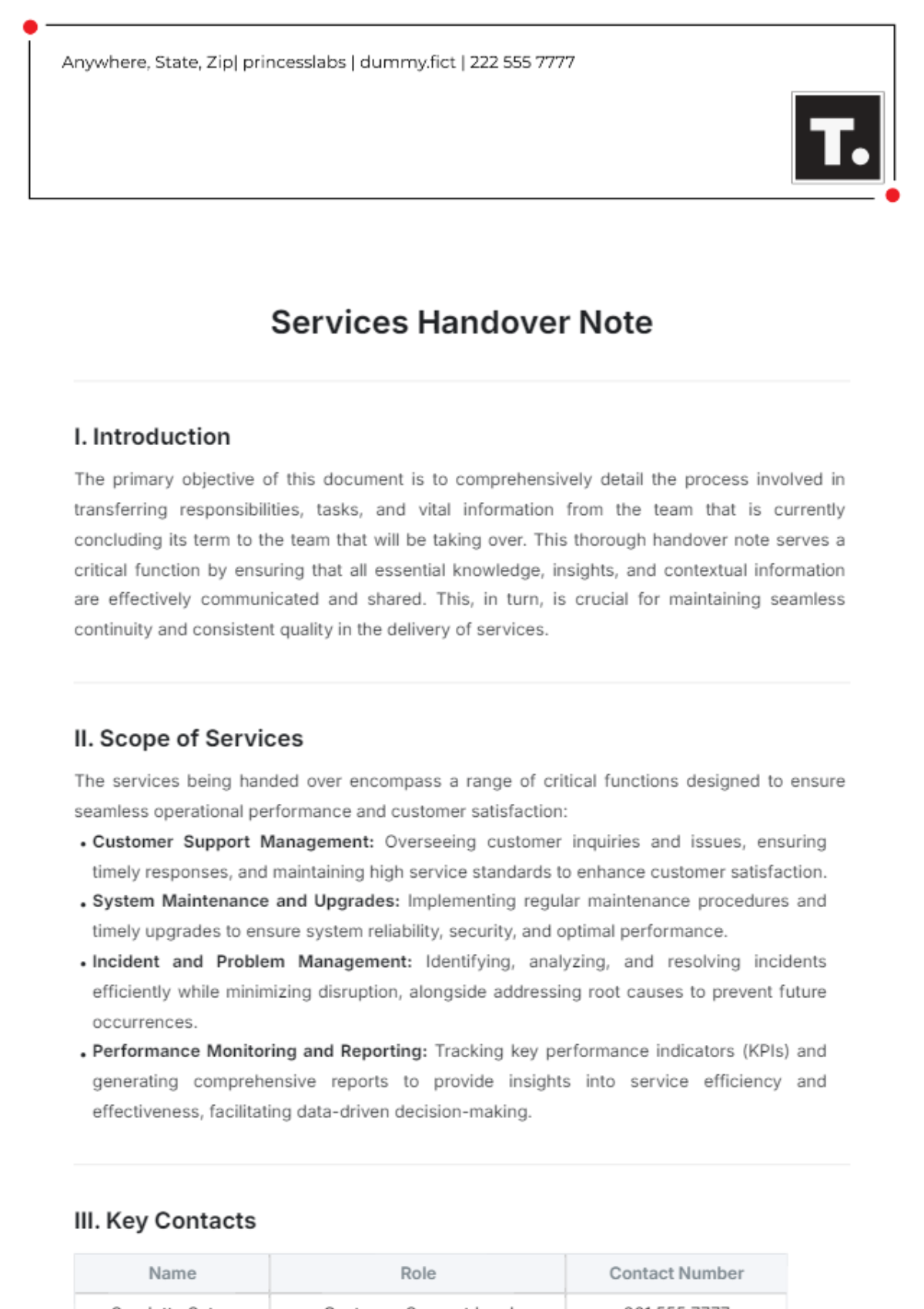 Services Handover Note Template - Edit Online & Download