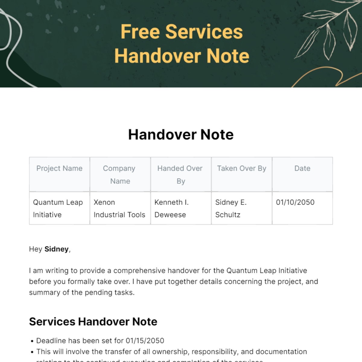 Free Services Handover Note Template