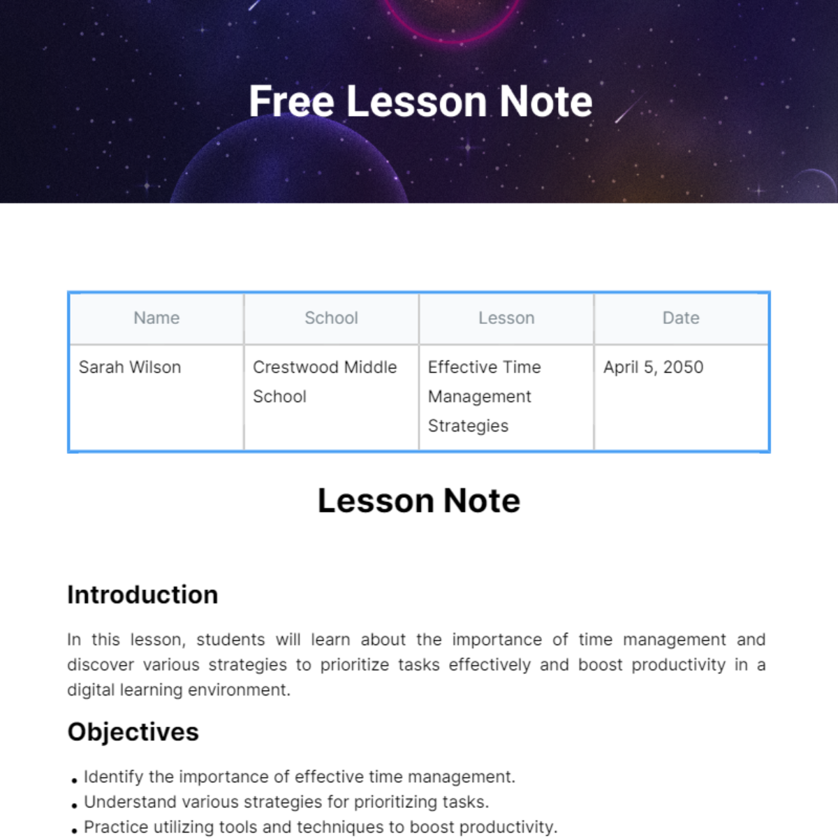 Free Lesson Note Template