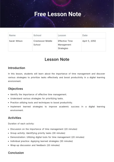 Free Lesson Note Template to Edit Online