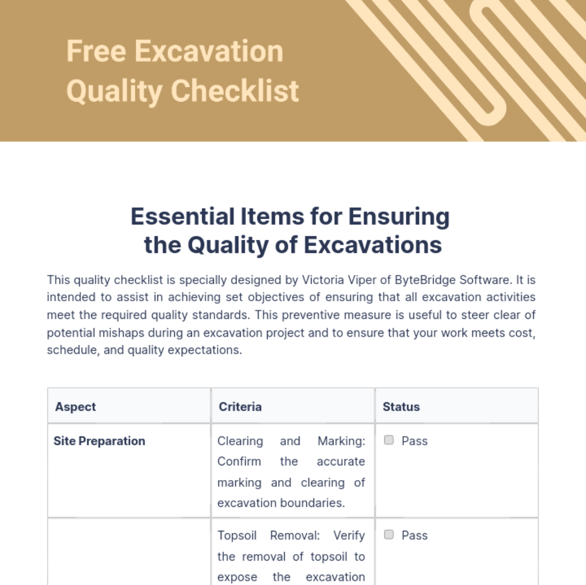 Excavation Quality Checklist Template