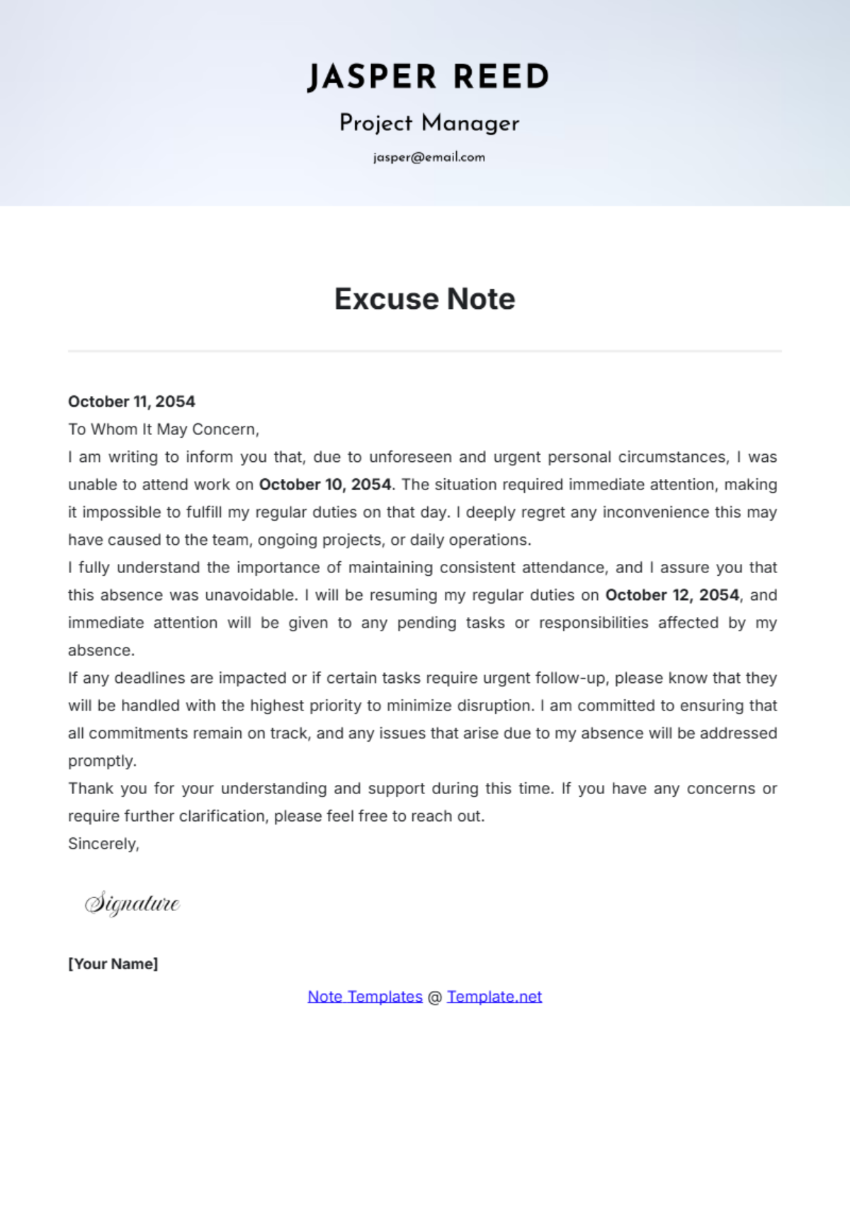 Excuse Note Template - Edit Online & Download