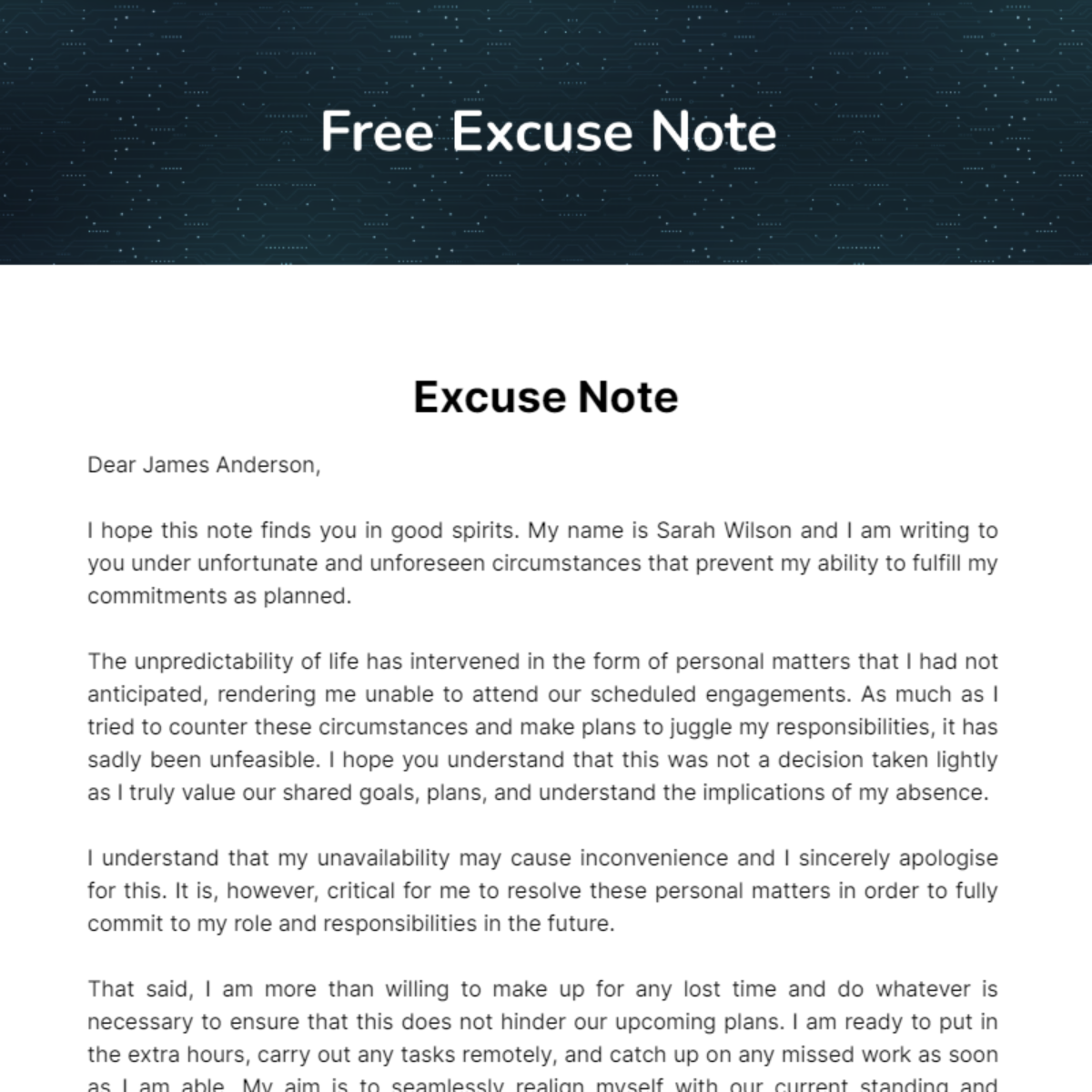 Free Excuse Note Template