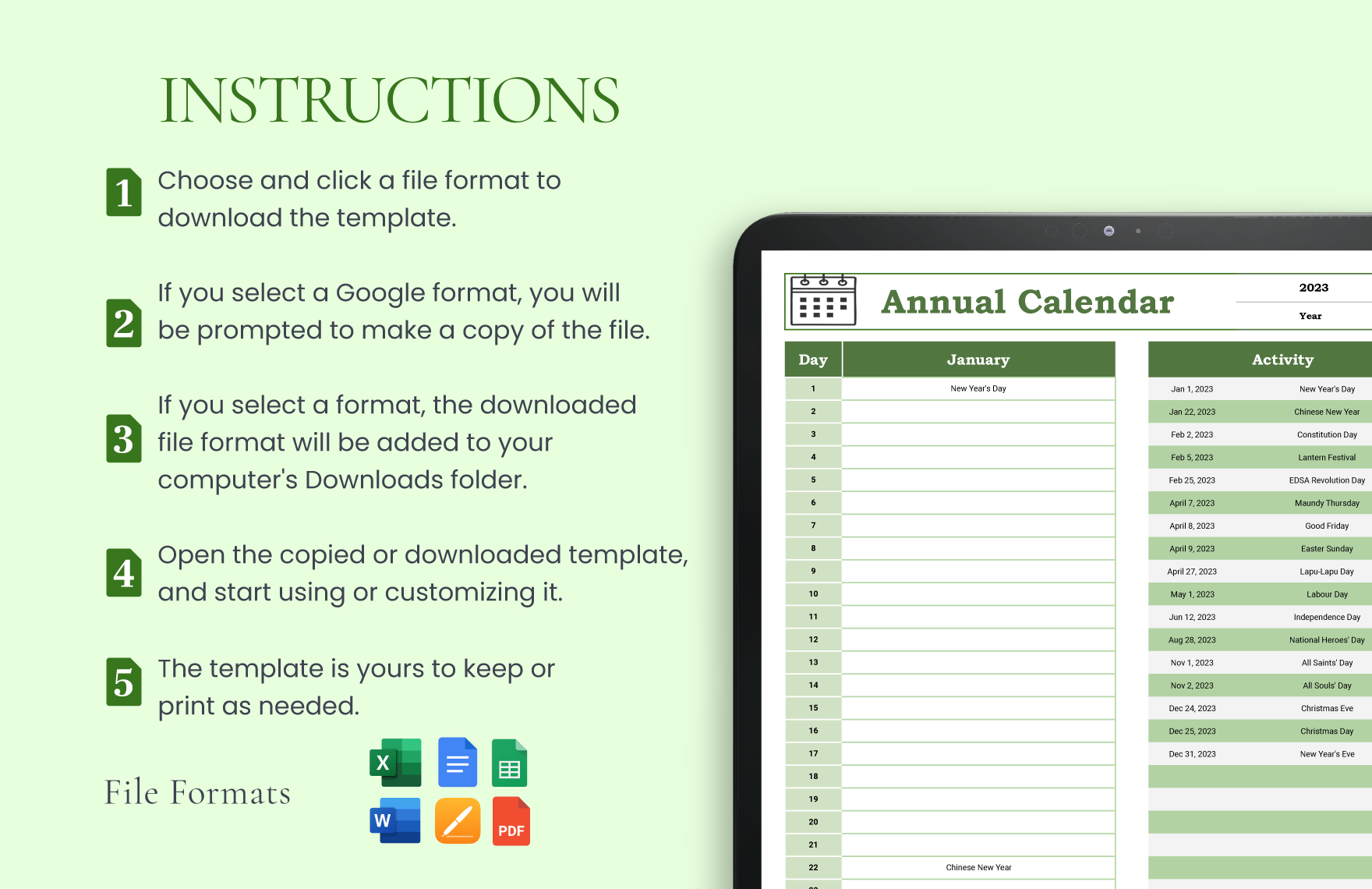 Annual Calendar Template in Pages, Word, Google Docs, PDF, Excel