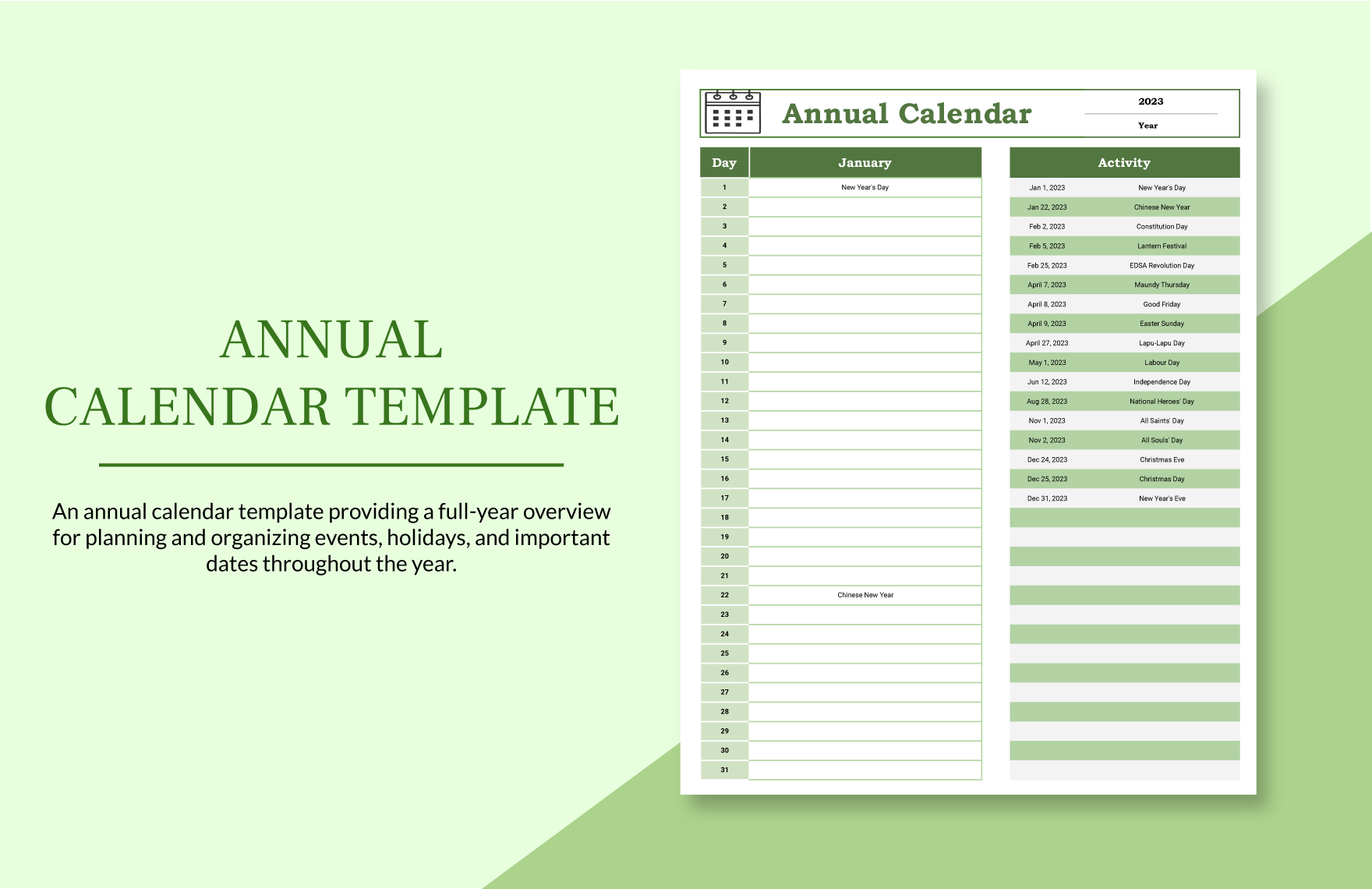Annual Calendar Template
