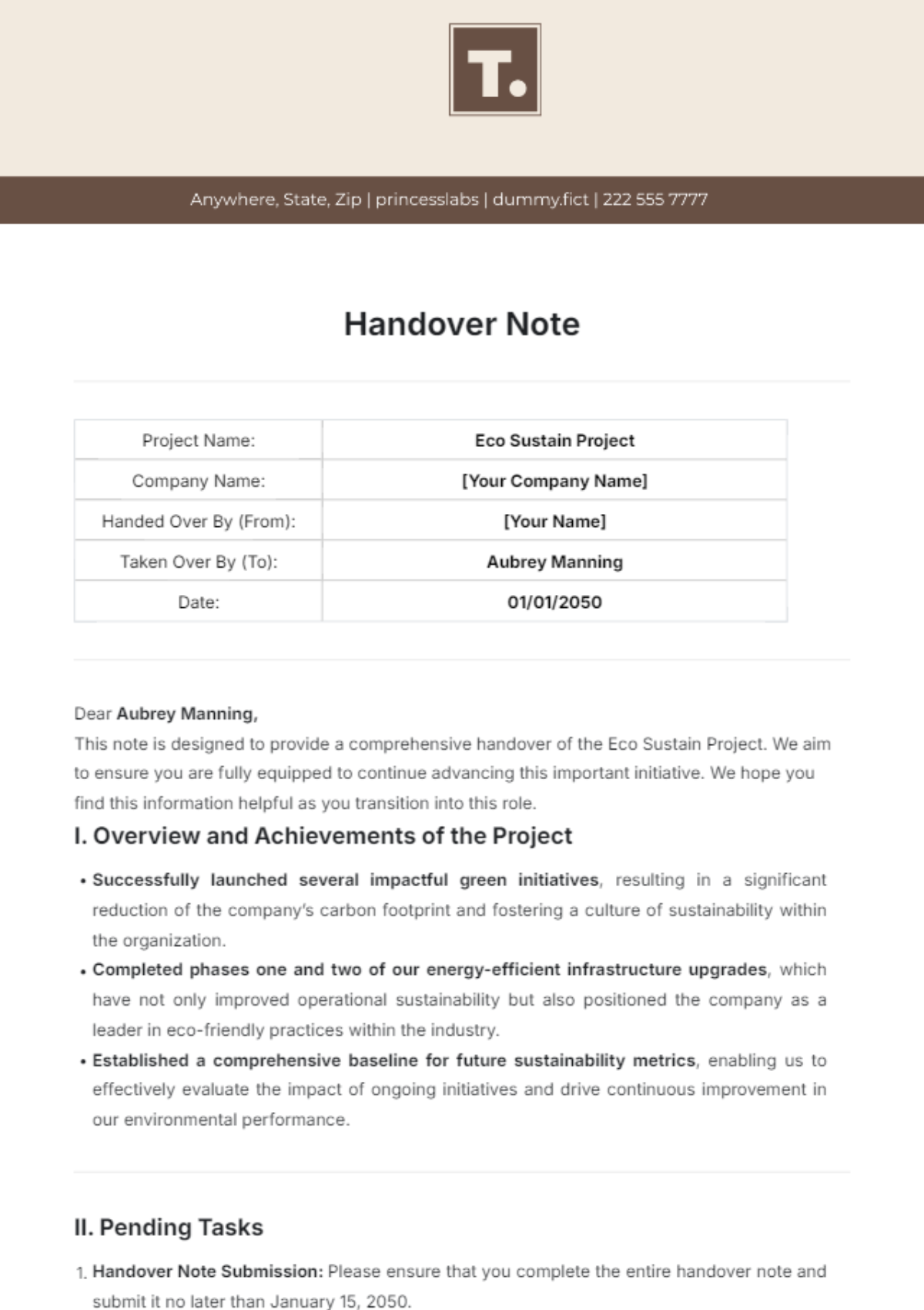 Handover Note Template - Edit Online & Download