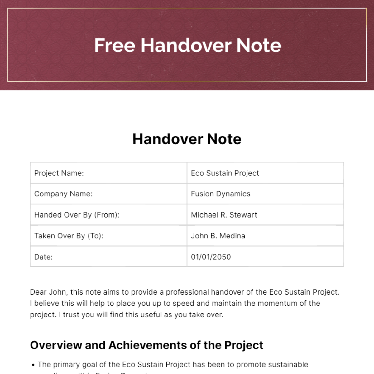 Free Handover Note Template