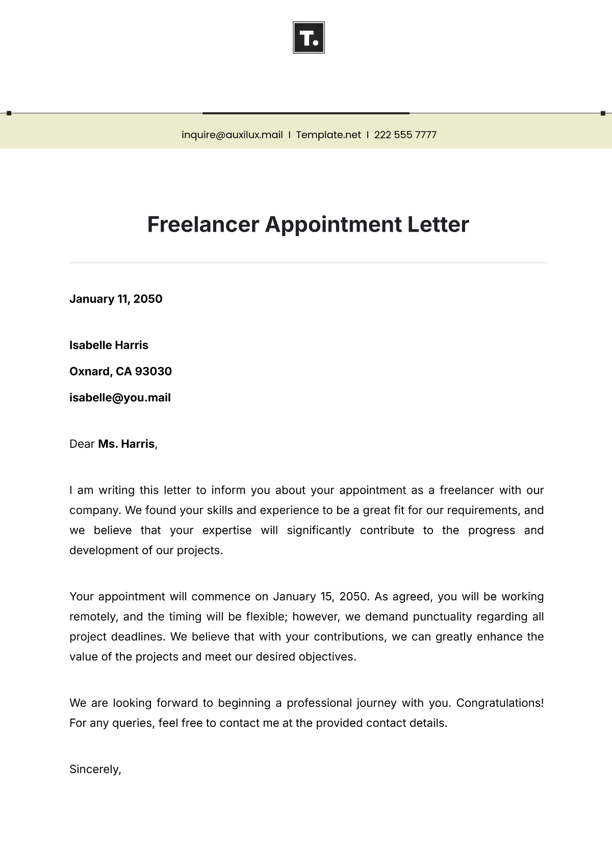 Freelancer Appointment Letter Template