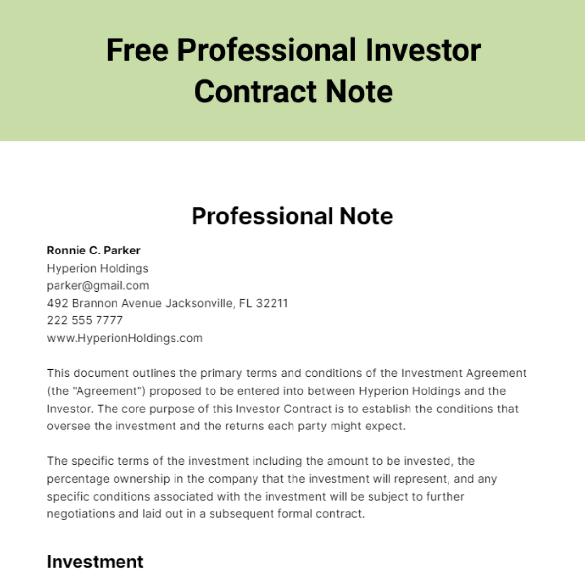 Free Professional Investor Contract Note Template
