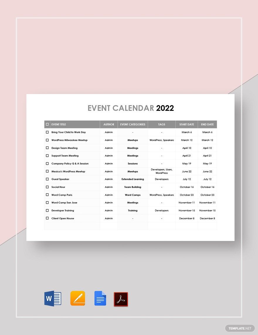 Printable Event Calendar Template
