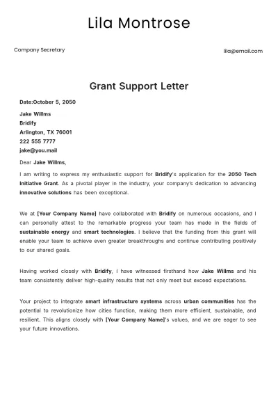 Free Grant Support Letter Template to Edit Online