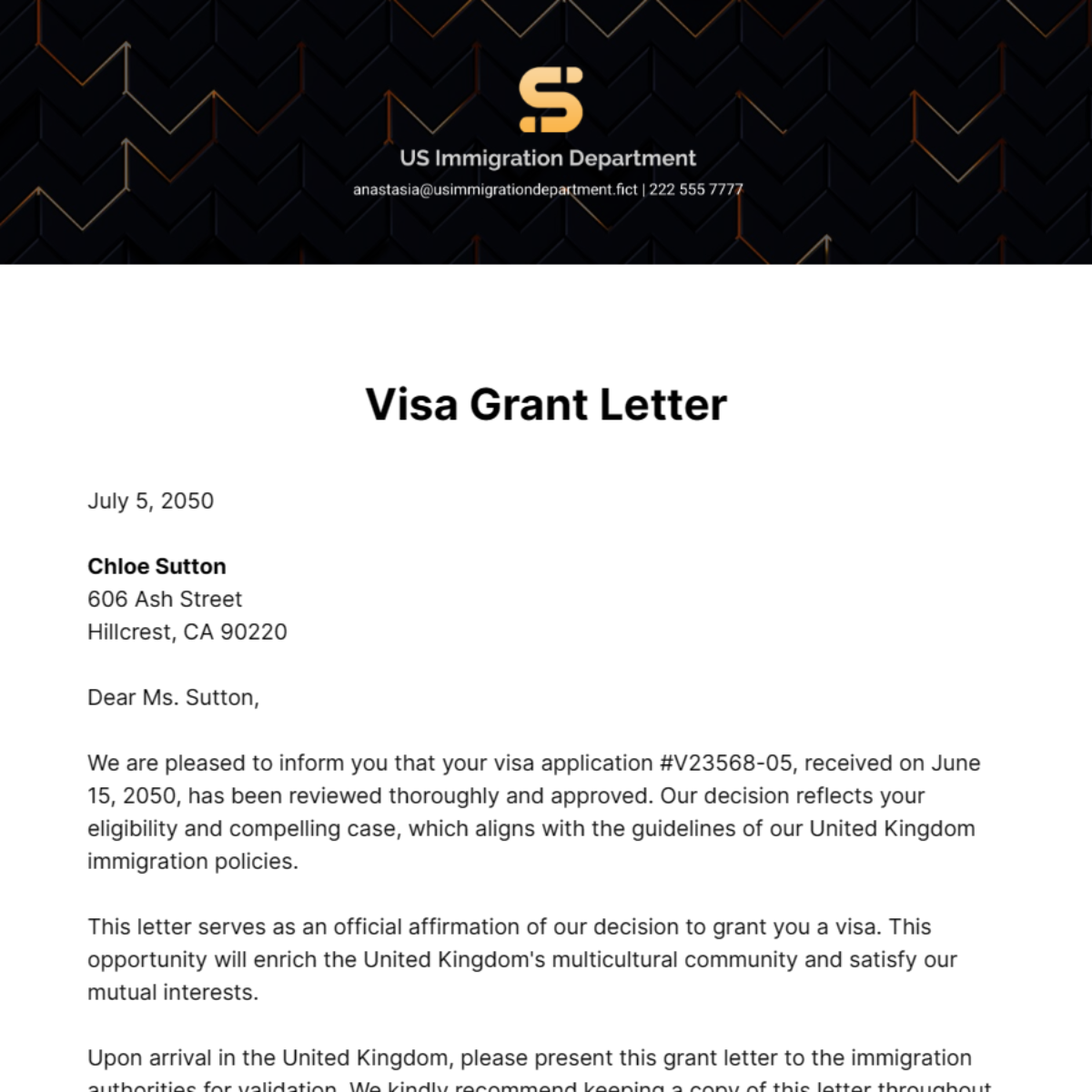 Visa Grant Letter Template