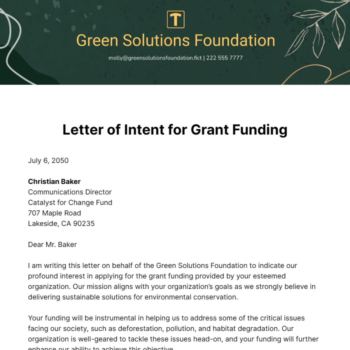Free Letter of Intent for Grant Funding Template