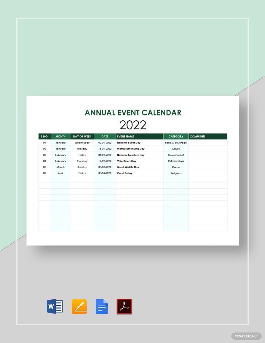 Annual Event Calendar Template