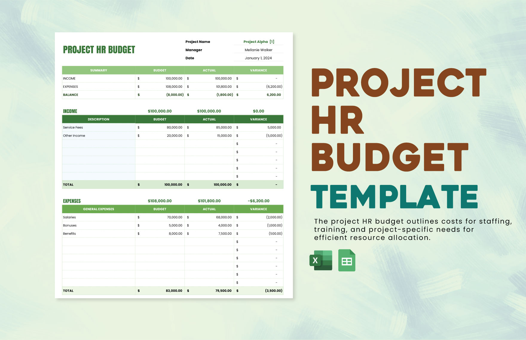 Project HR Budget Template in Excel, Google Sheets