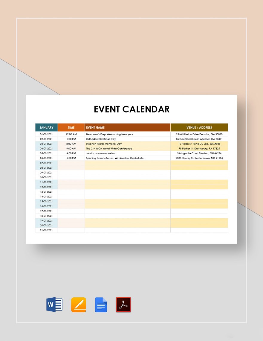 Event Calendar Template in Google Docs, Pages, Word, PDF Download