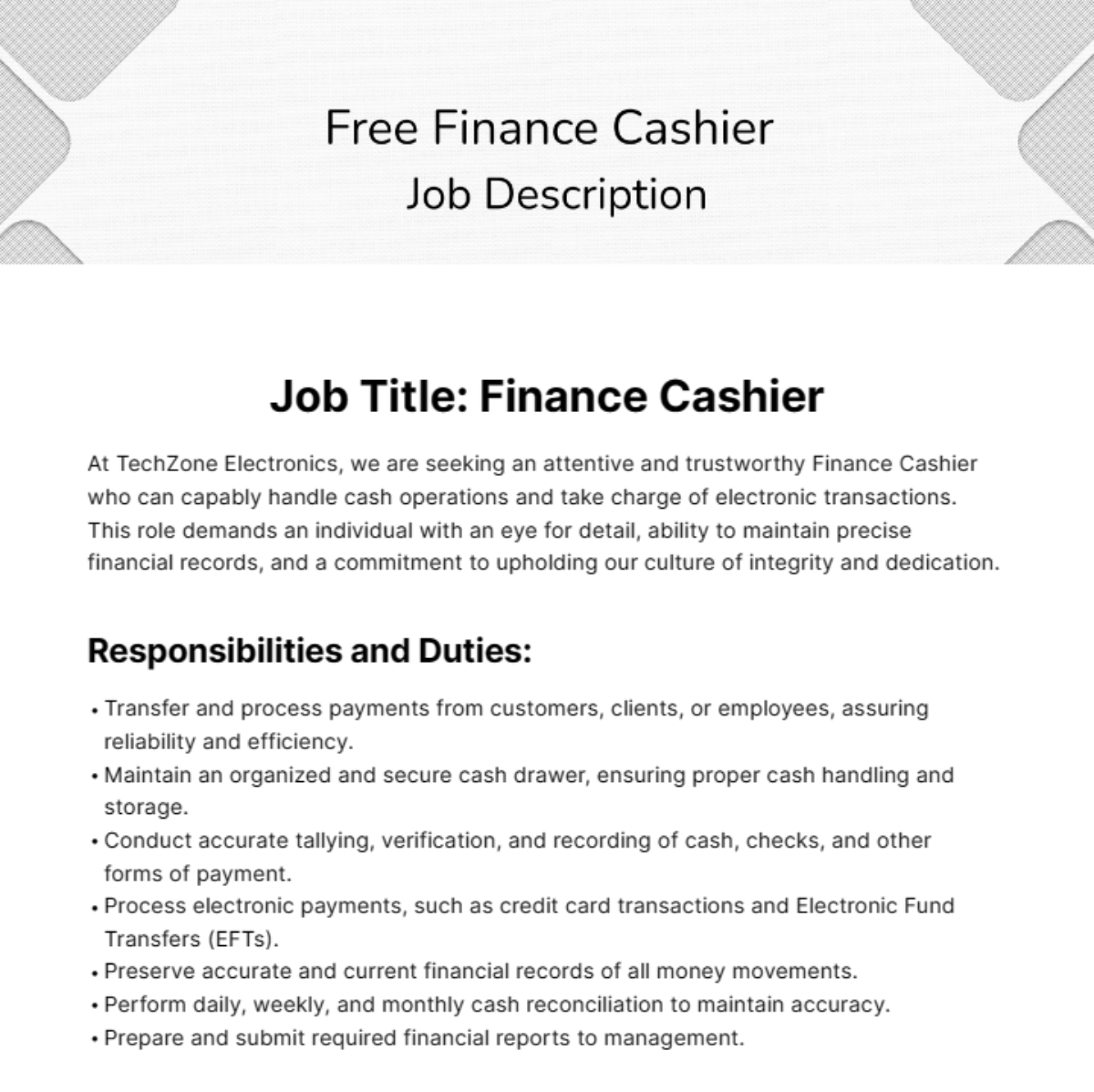 Free Finance Cashier Job Description Template