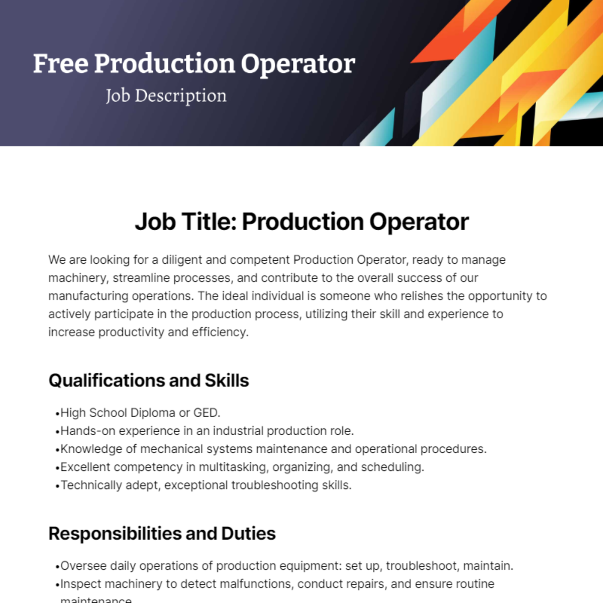 Free Production Operator Job Description Template