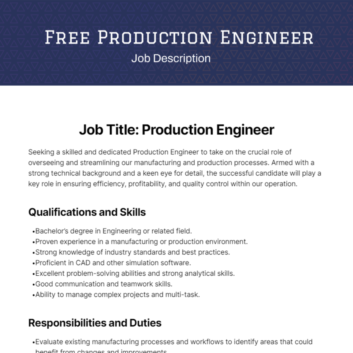 Free Production Engineer Job Description Template