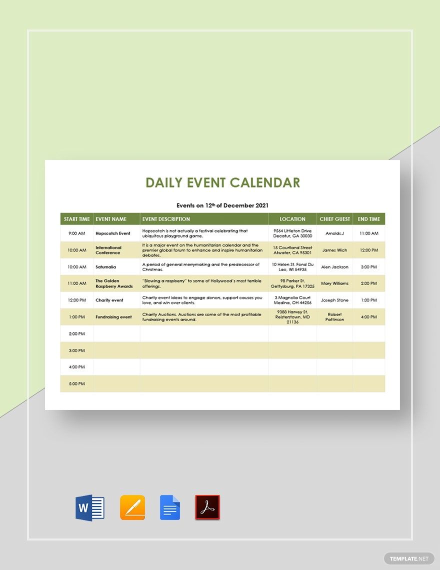 Daily Event Calendar Template