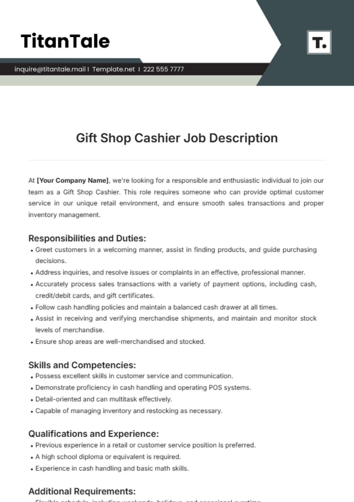 Gift Shop Cashier Job Description Template - Edit Online & Download