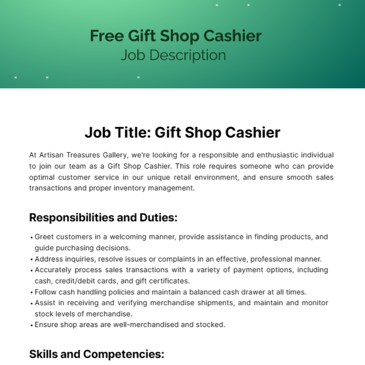 Free Gift Shop Cashier Job Description Template