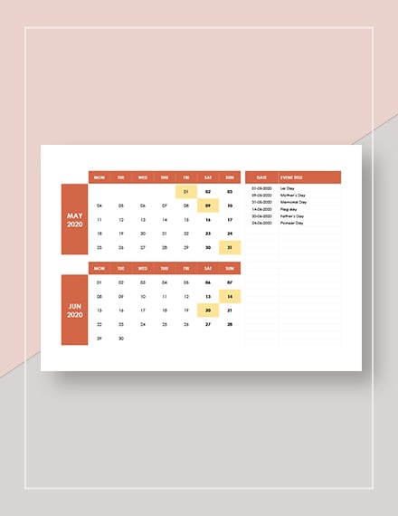 Monthly Event Calendar  Download
