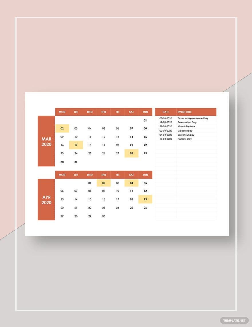 Monthly Event Calendar Template