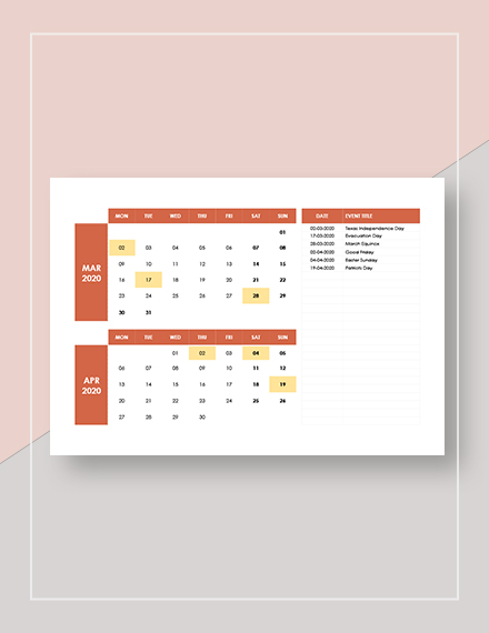 Monthly Event Calendar  Template