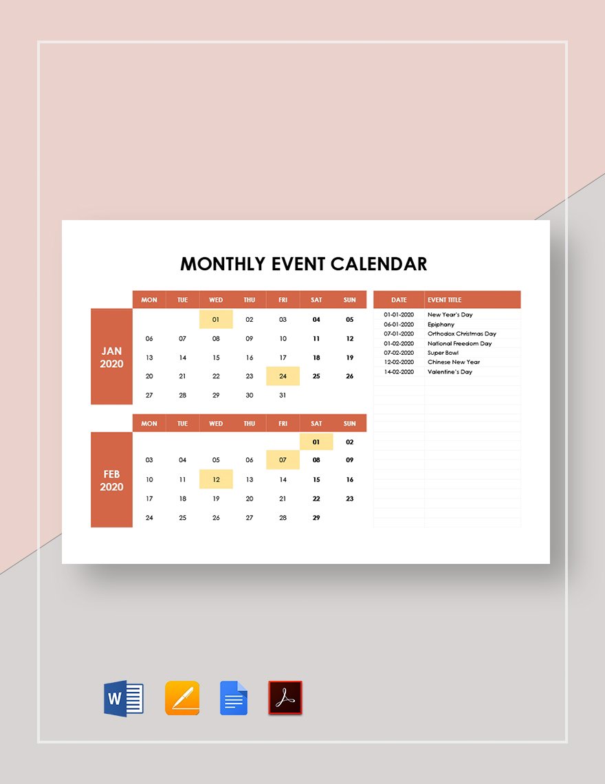 Monthly Event Calendar Template Download in Word, Google Docs, PDF