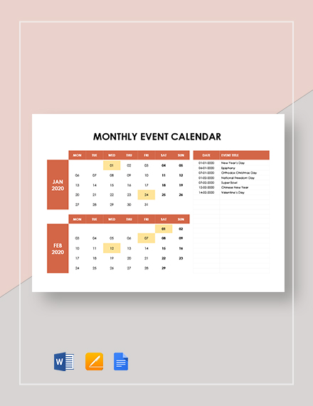 25+ Event Calendar Templates - Google Docs, MS Word, Pages, Editable PDF