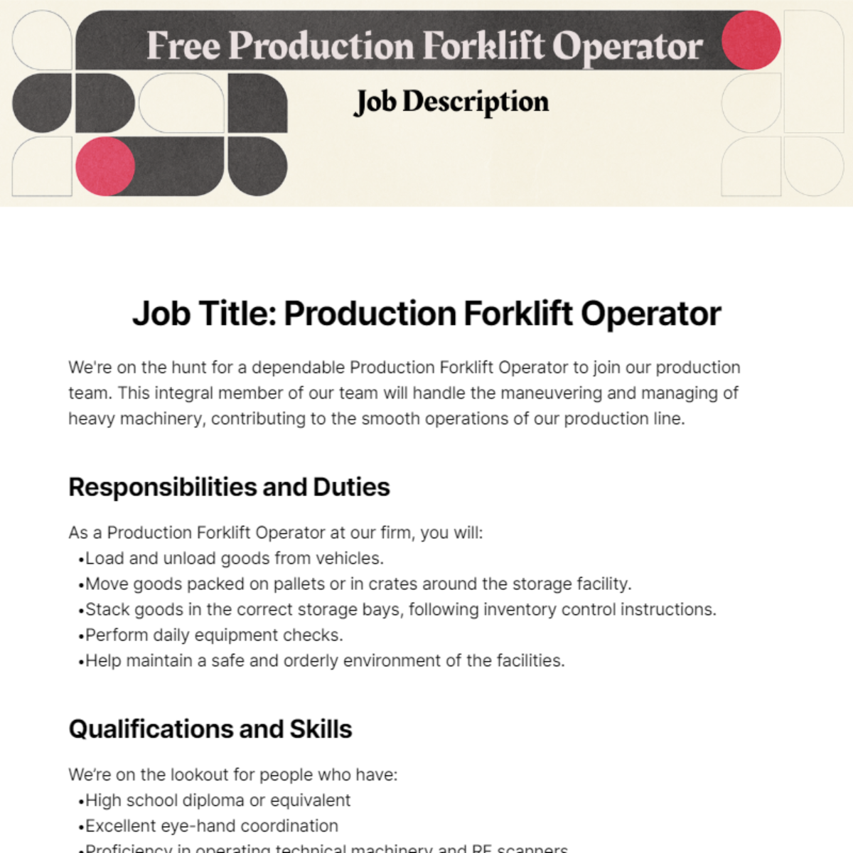 Production Forklift Operator Job Description Template