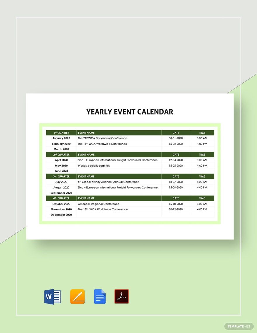 Yearly Event Calendar Template