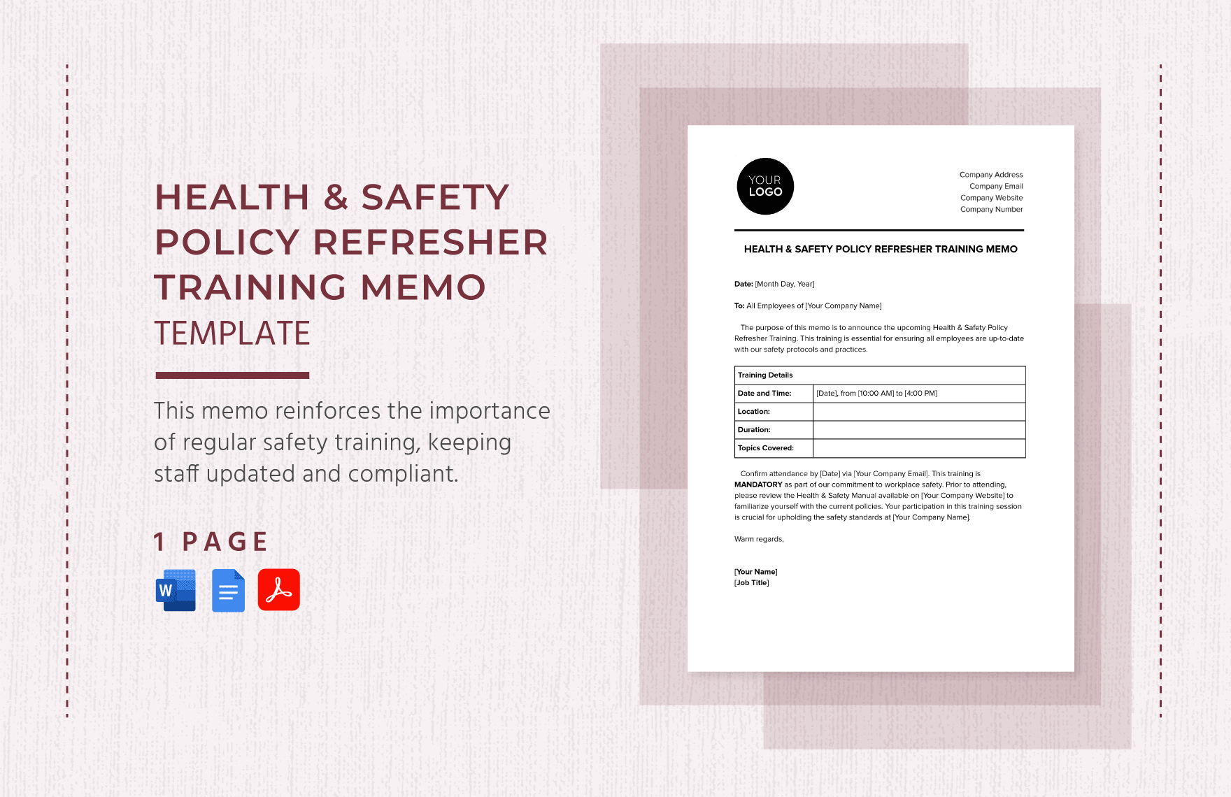 Health & Safety Policy Refresher Training Memo Template