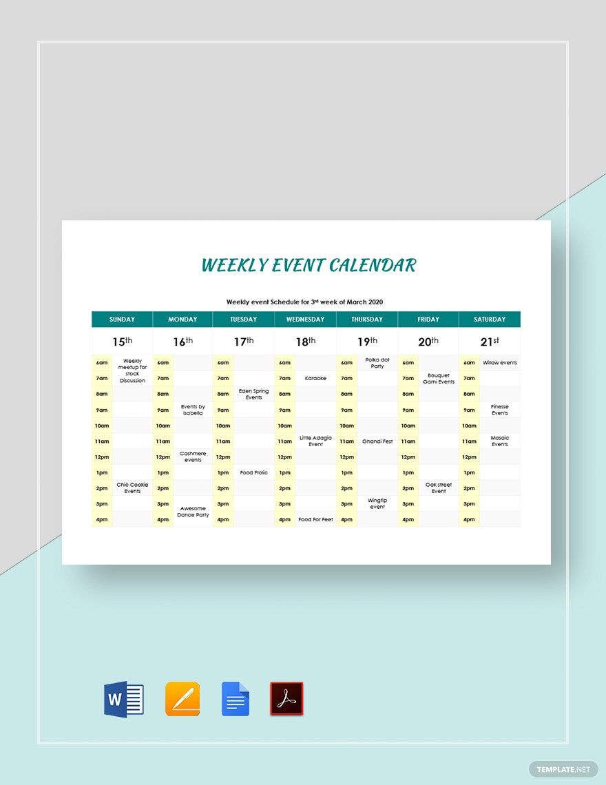 Weekly Event Calendar Template in Google Docs, Word, Pages, PDF - Download | Template.net
