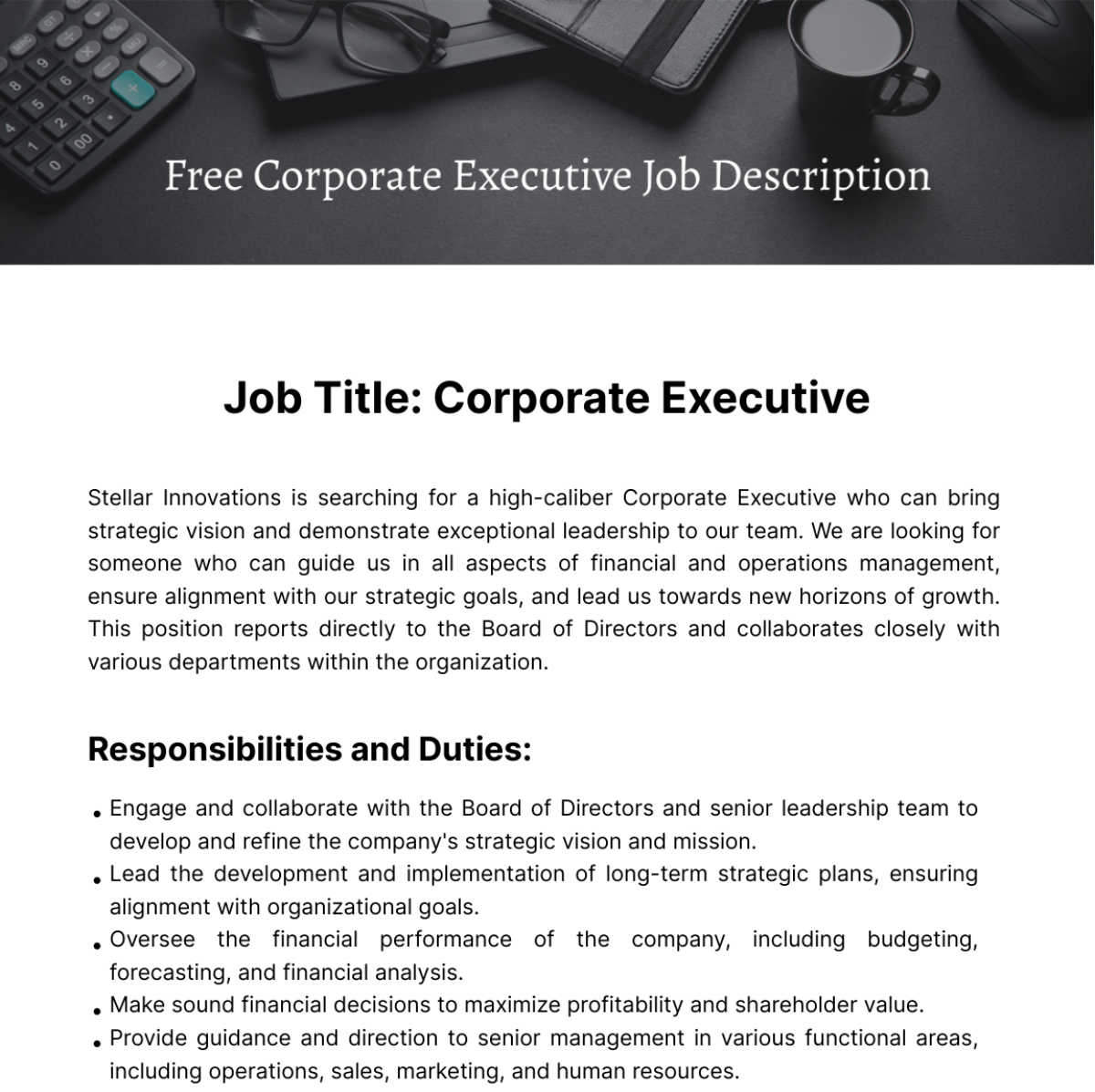 Free Corporate Executive Job Description Template To Edit Online