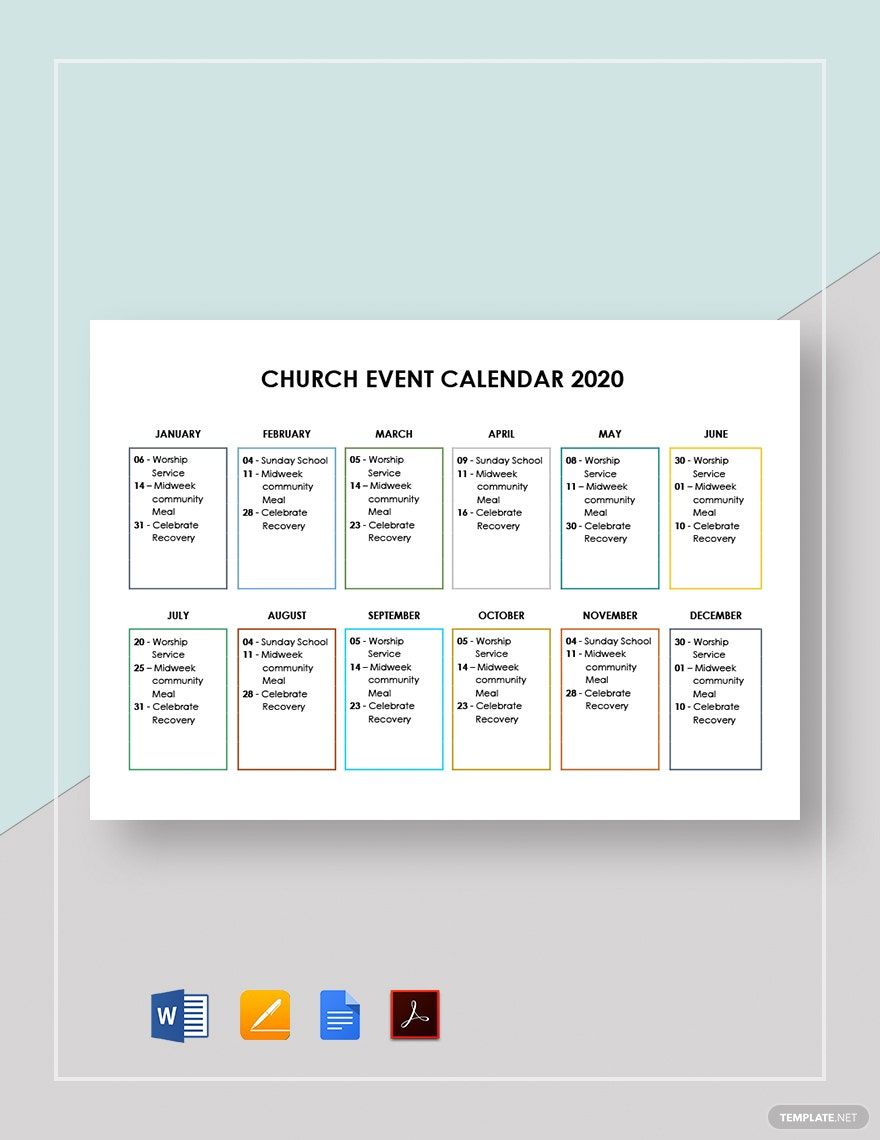 Church Event Calendar Template in Google Docs, Pages, Word, PDF